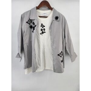 Las Olas Womens XL Striped Butterfly Embroidered Shirt with Gildan T-Shirt Set
